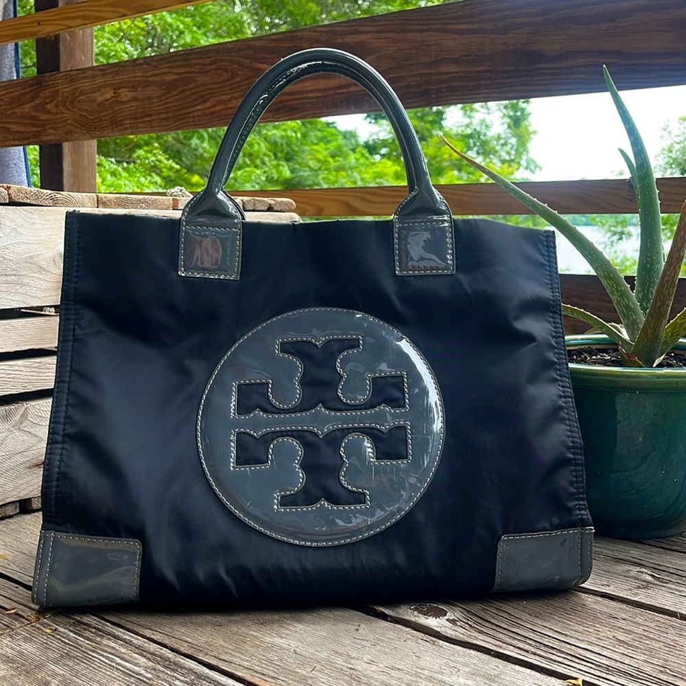 Tory Burch Ella Large Black Nylon Tote Patent Logo Shoulder Bag